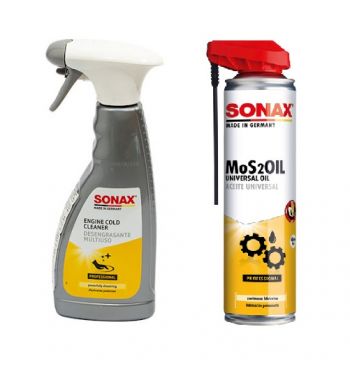 Combo Vệ sinh động cơ máy xe Sonax Engine Cold Cleaner 500ml và Dầu phủ bảo vệ Sonax Mos2Oil 400ml 339400 